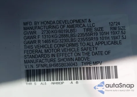 2025 Honda Odyssey Elite z USA, uszkodzony, nr VIN 5FNRL6H98SB036043